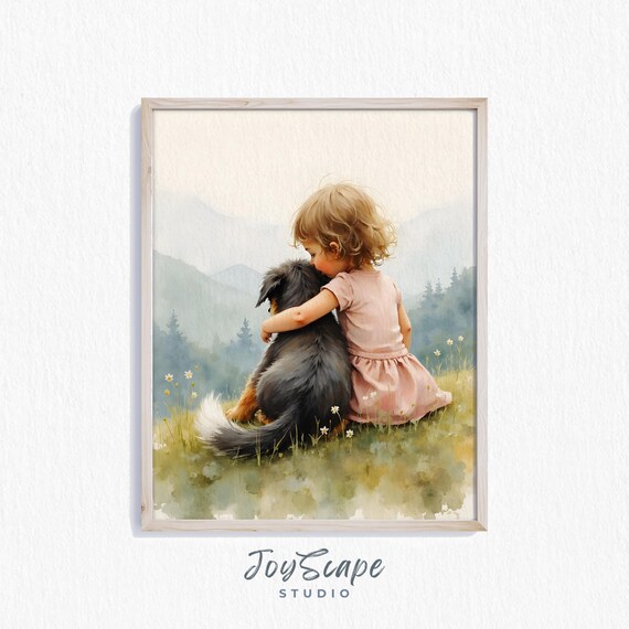 Bernese Mountain Dog Hugging Girl Nursery Wall Art Kids Room Decor Scenic Child And Pet 714