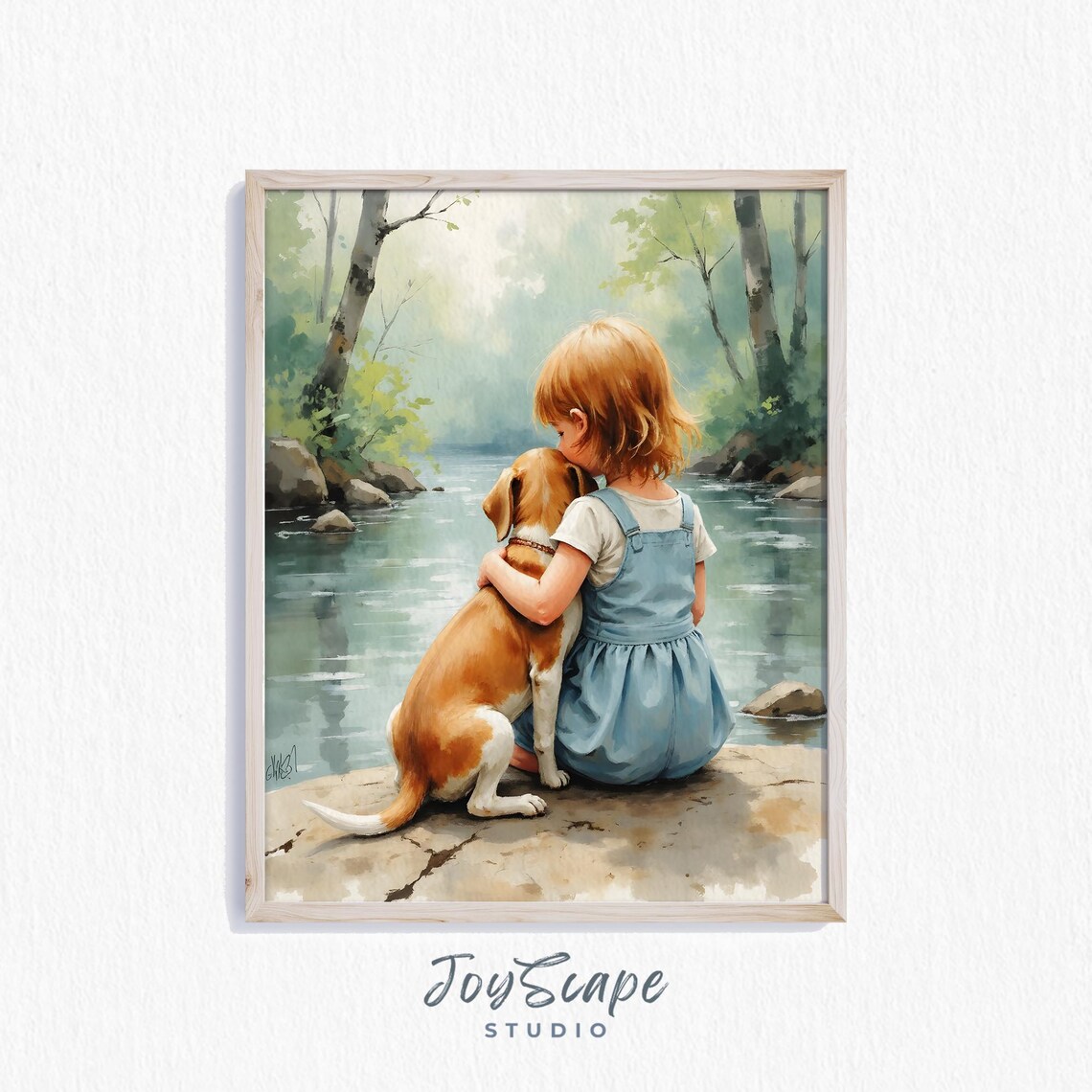 Beagle And Girl By Stream Nursery Wall Art Kids Decor