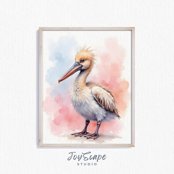 Baby Pelican Chick Watercolor Nursery Cute Bird Coastal Art Print