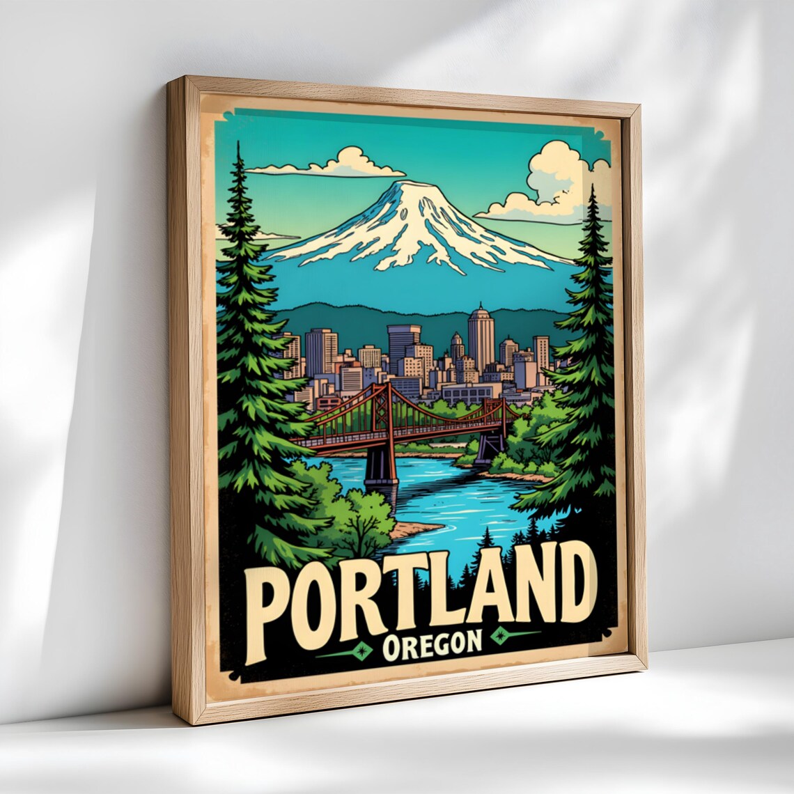Portland Oregon Snowcapped Mount Hood And Bridge Retro Travel Poster