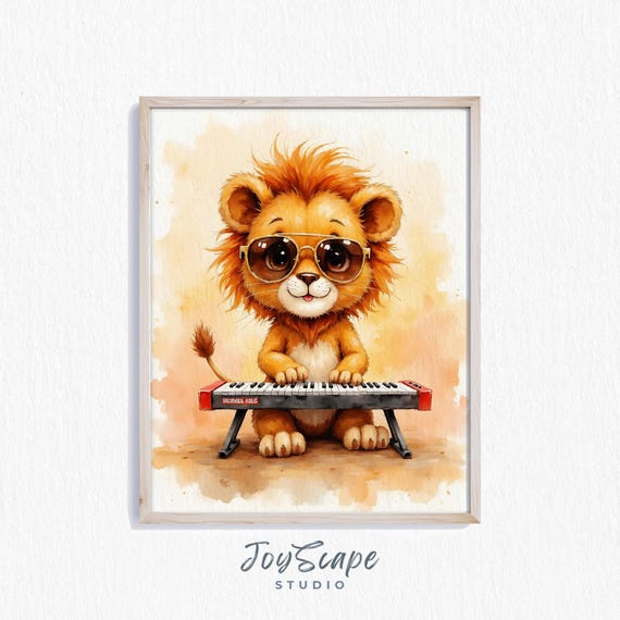 Funny Lion Playing Keyboard Watercolor Print Wall Art Cute Nursery Decor For Kids Room Adorable Animal Gift 548