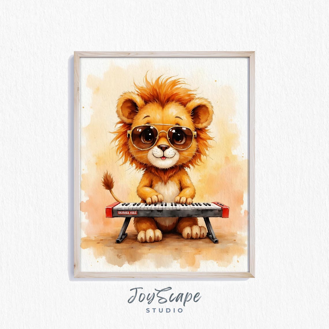 Cool Lion Cub in Sunglasses Playing a Keyboard Watercolor Poster