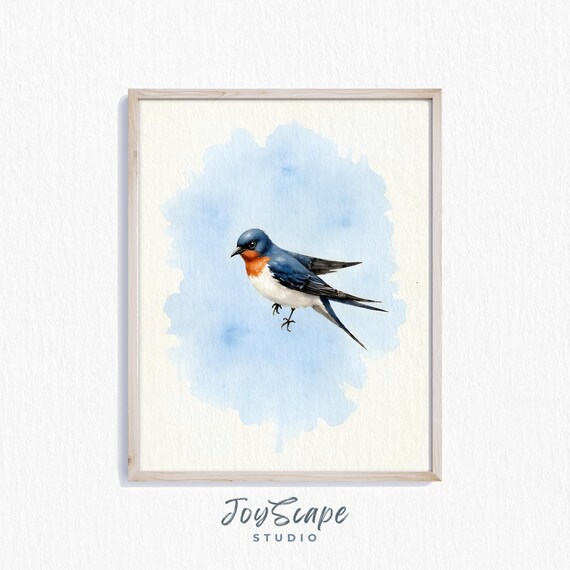 Elegant Swallow Watercolor Bird Portrait On Soft Blue Wash Poster
