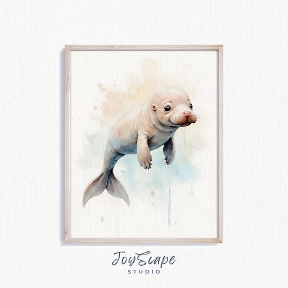 Baby Dugong Calf Watercolor Nursery Poster Cute Ocean Animal