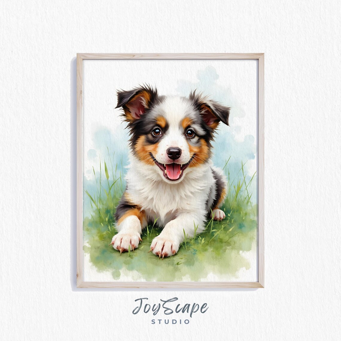 Happy Tricolor Puppy Sitting In Grass Watercolor Dog Art Poster