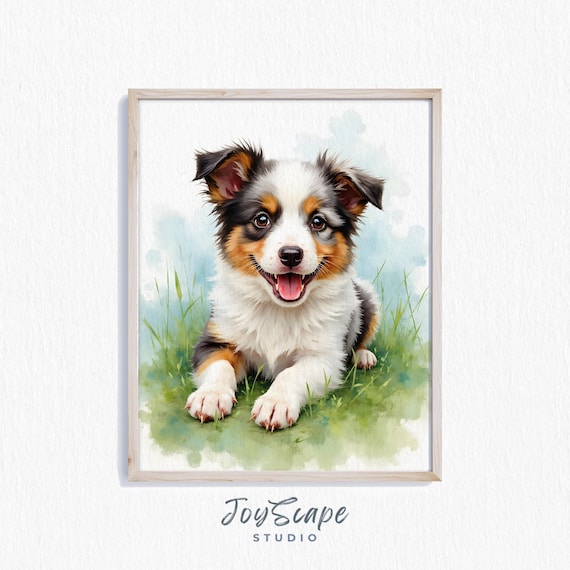 Happy Tricolor Puppy Sitting In Grass Watercolor Dog Art Poster