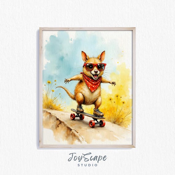 Funny Armadillo On Skateboard Watercolor Nursery Wall Art Quirky Animal Gift