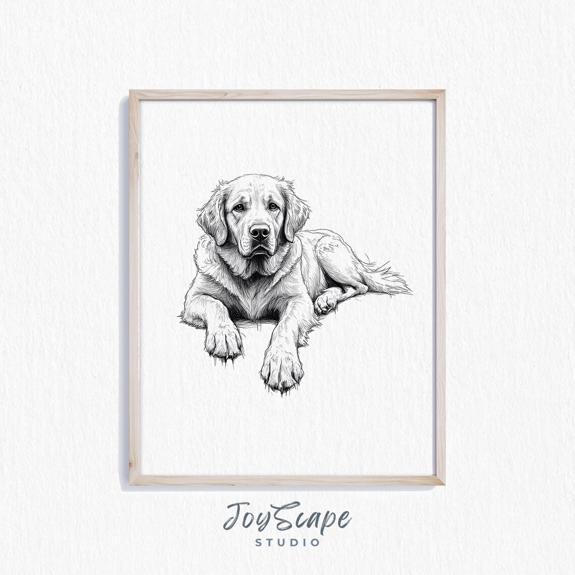 Charming Golden Retriever Portrait Black and White Sketch Dog Poster