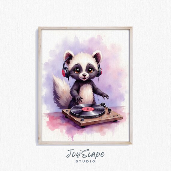 Cute Skunk DJ Wearing Headphones Spinning Vinyl Watercolor Poster