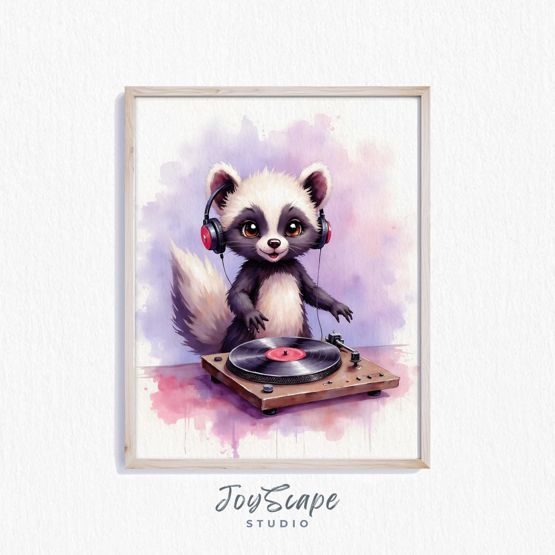 Cute Skunk DJ Wearing Headphones Spinning Vinyl Watercolor Poster