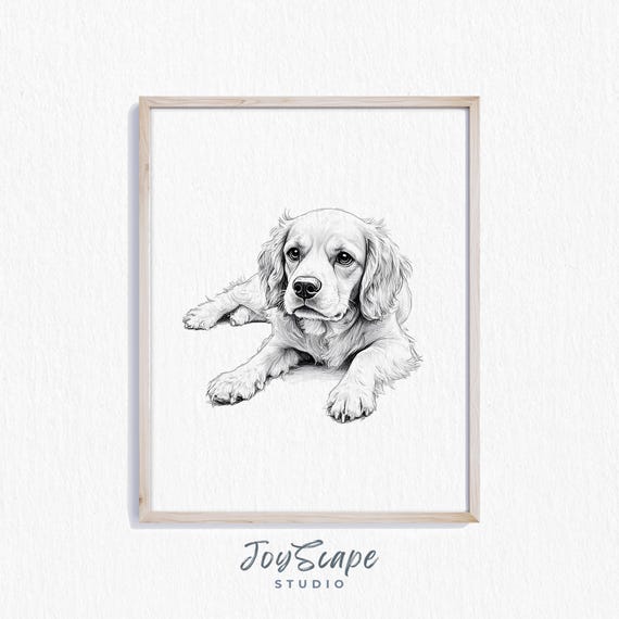 Cavalier King Charles Spaniel Print Dog Art Rustic Wall Decor Pet Portrait Black And White Drawing Nursery