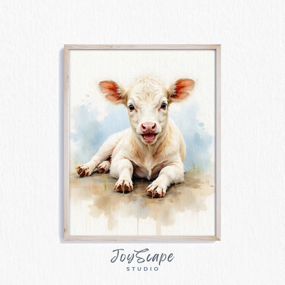 Charolais Calf Portrait Art Cute Farm Animal Wall Rustic Nursery Decor Cattle Painting Country Print