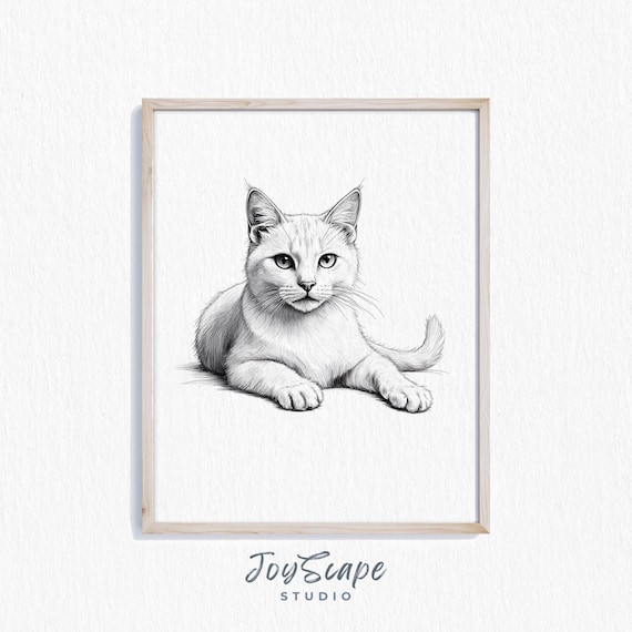Reclining Cat Pencil Sketch Black and White Minimalist Feline Art Poster