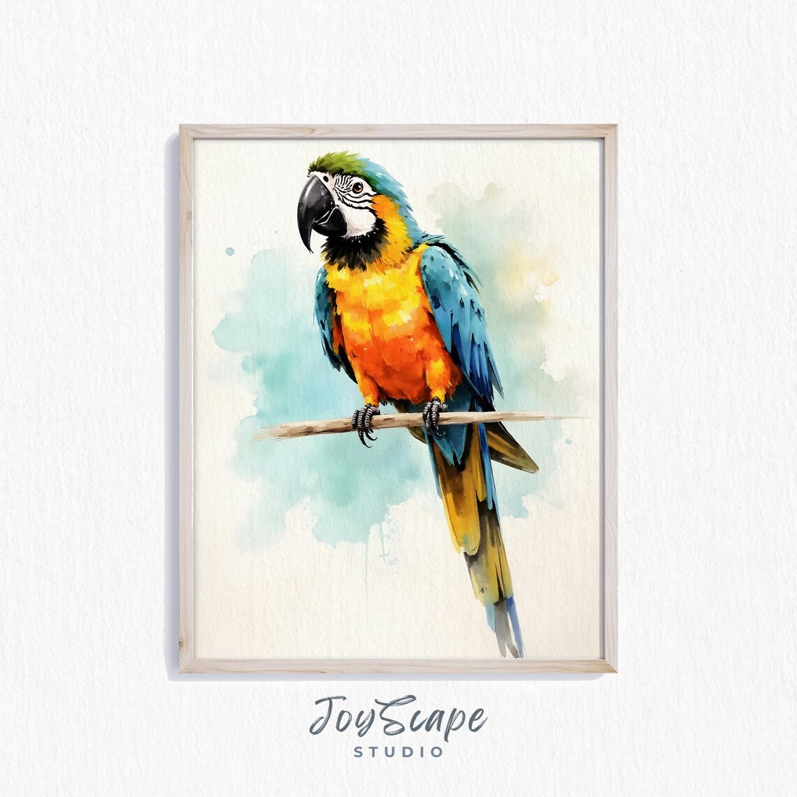 Vibrant Blue and Gold Macaw Watercolor Perched Tropical Bird Poster