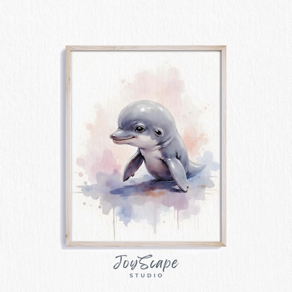 Baby Dolphin Calf Watercolor Nursery Sweet Ocean Animal Art Print