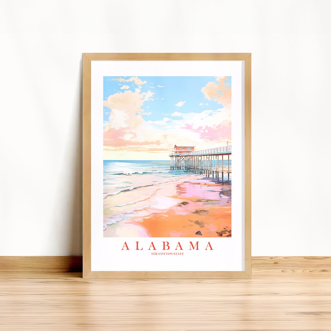 Alabama Travel Poster, Retro Pink Orange Teal Landscape