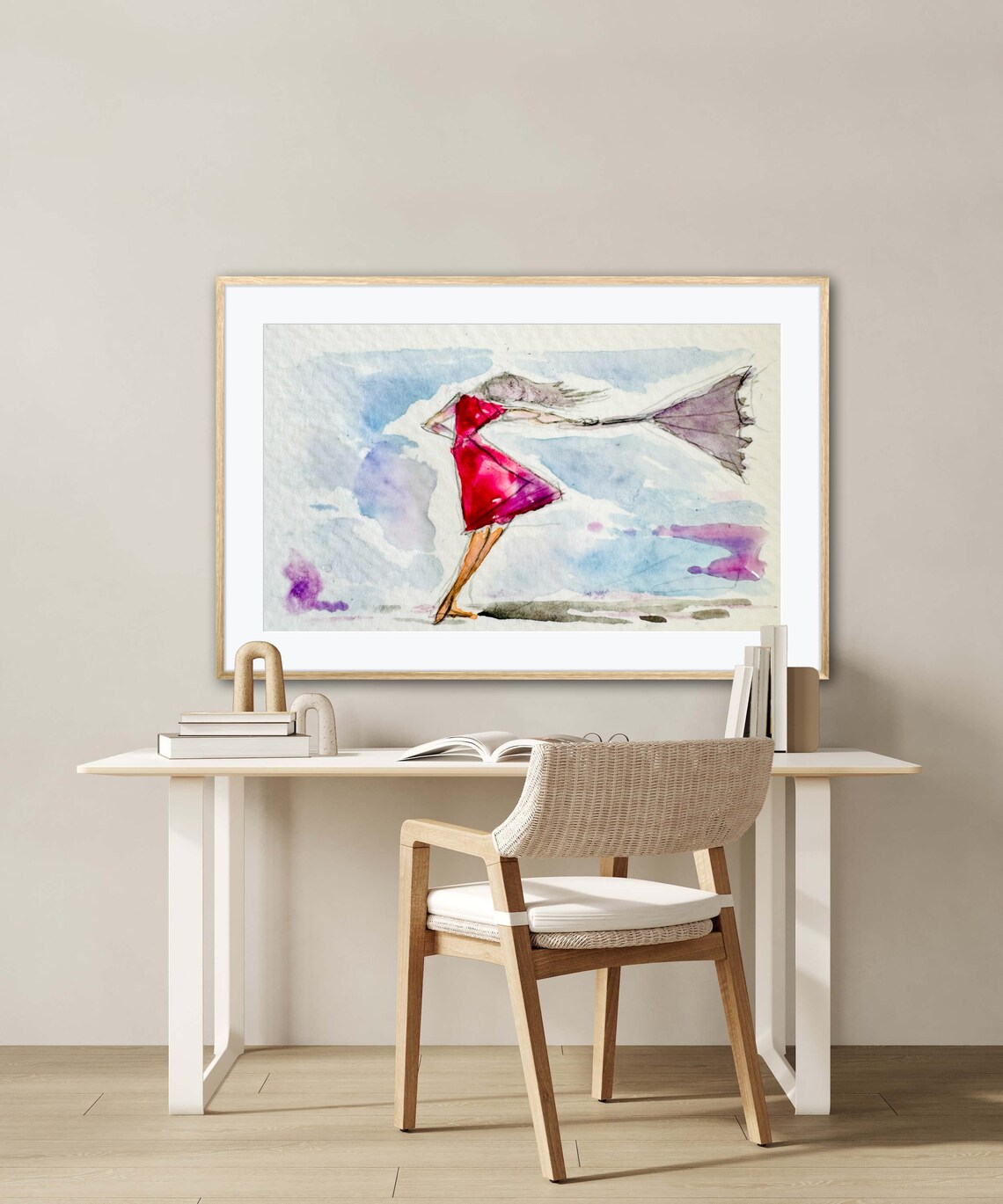 Girl in the Rain Red Dress Watercolor Windy Umbrella Scene Art Poster - Image 5