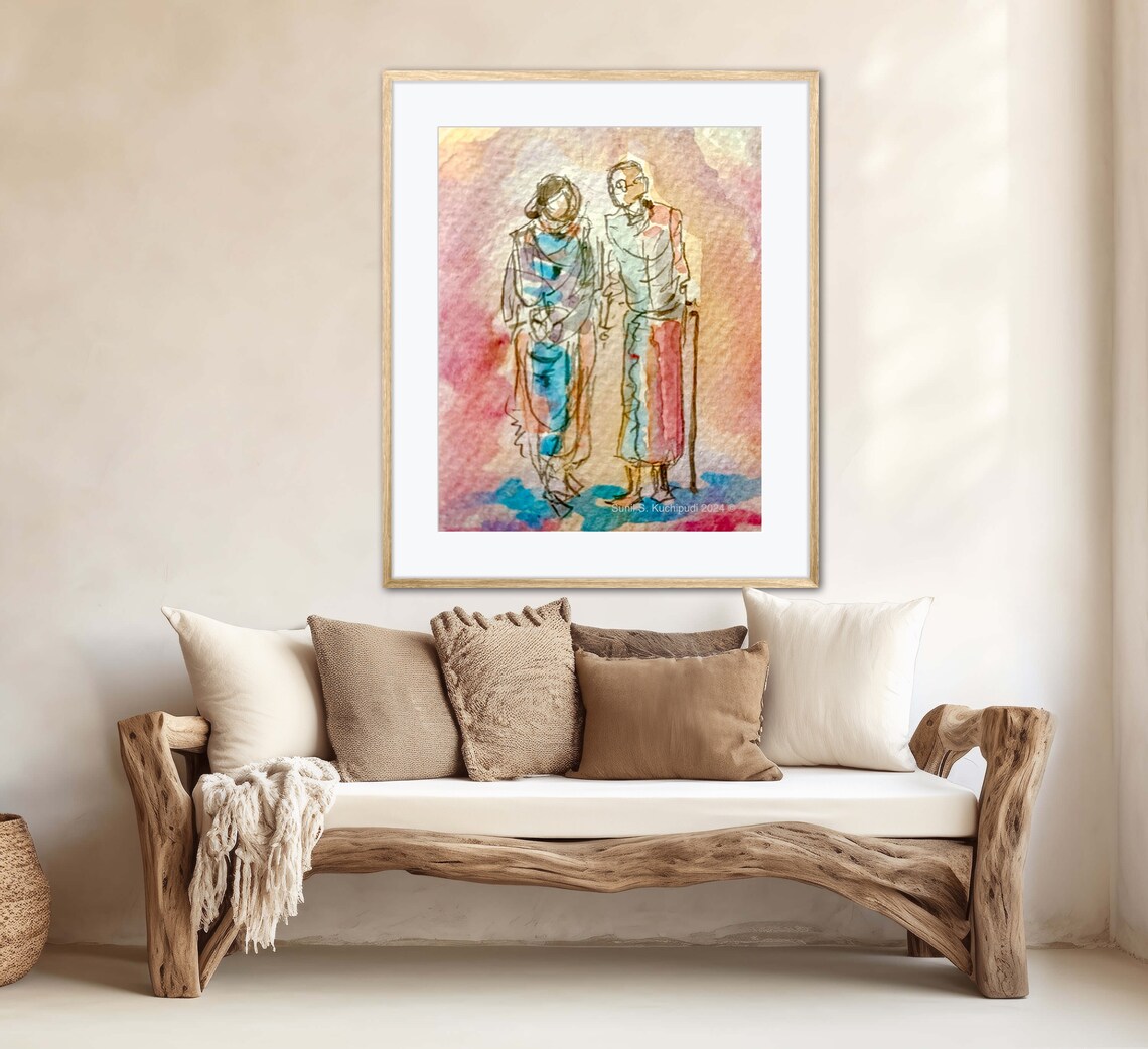 The Golden Years Elderly Couple Walking in India Watercolor Art Poster - Image 3