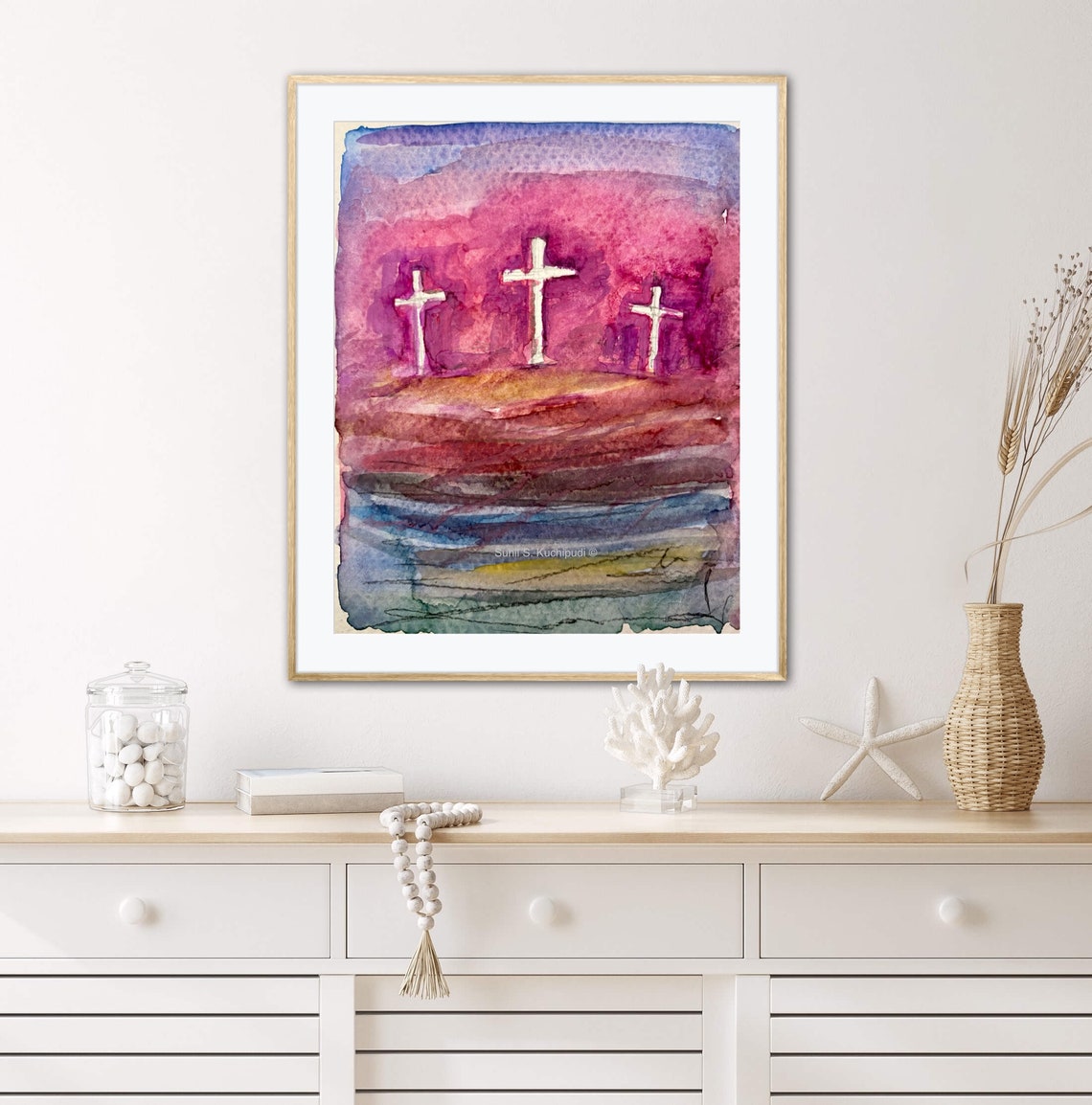 Old Rugged Easter Crimson Colored Cross Watercolor Christian Bible Art Abstract Instant - Image 5
