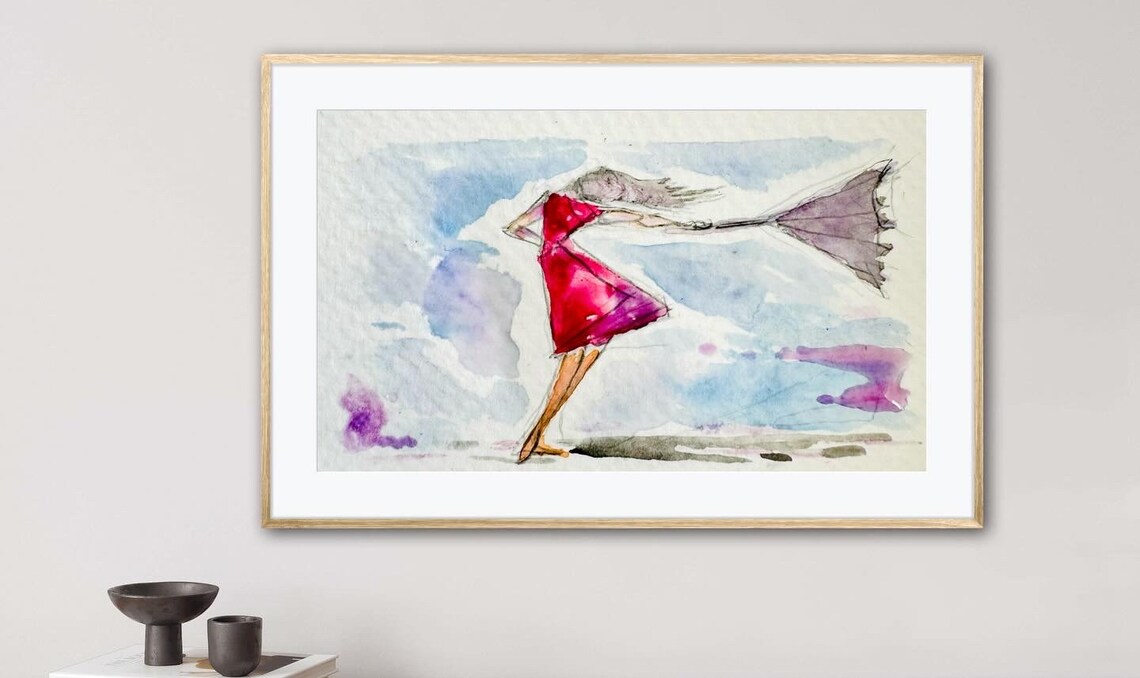 Girl in the Rain Red Dress Watercolor Windy Umbrella Scene Art Poster - Image 3