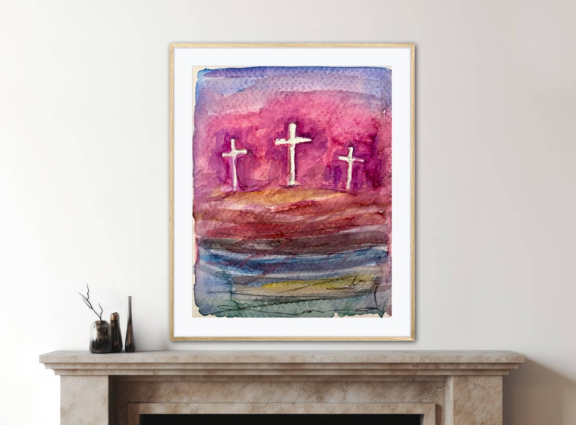 Old Rugged Easter Crimson Colored Cross Watercolor Christian Bible Art Abstract Instant - Image 4