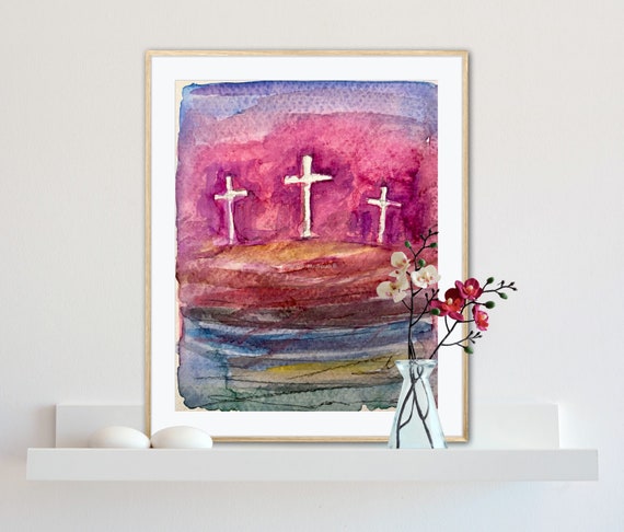 Old Rugged Easter Crimson Colored Cross Watercolor Christian Bible Art Abstract Instant