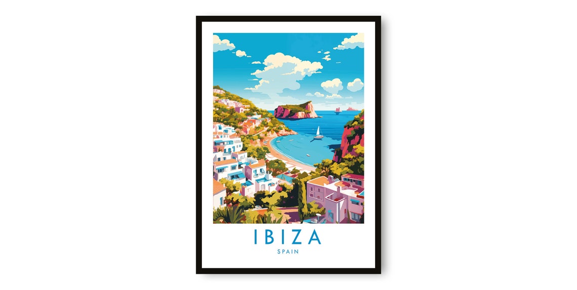 Ibiza Spain Coastal Town Poster Whitewashed Cove Sailboat Sunny View