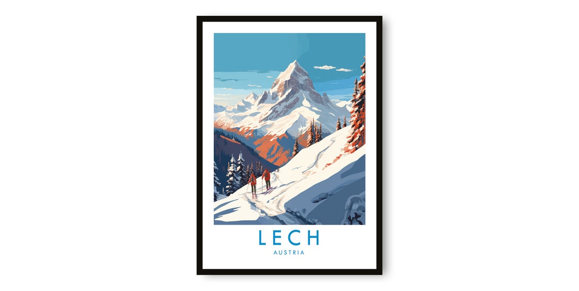 Lech Austria Vintage Ski Slopes Pair of Skiers Mountain Poster