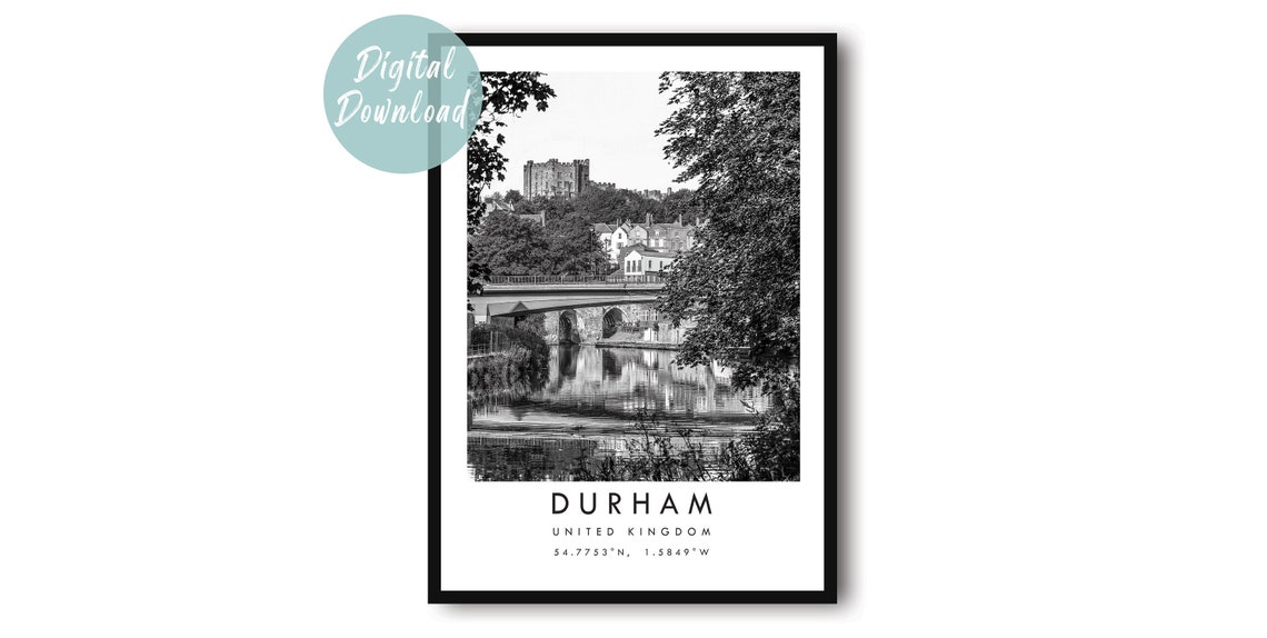 Durham England River and Castle Black and White Travel Poster