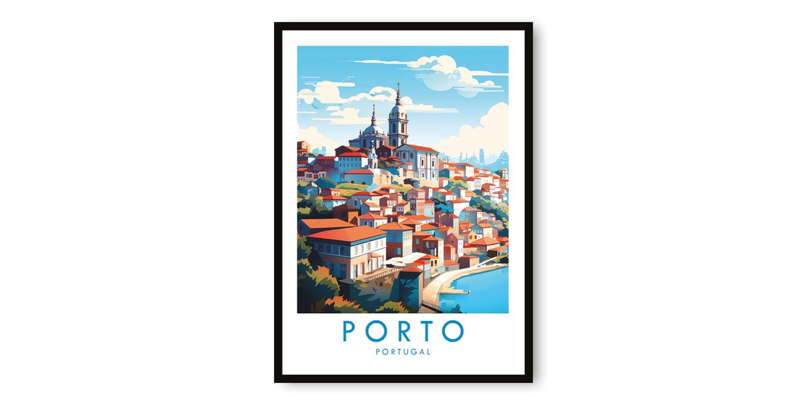 Porto Portugal Riverside Old Town Cathedral Vintage Travel Poster