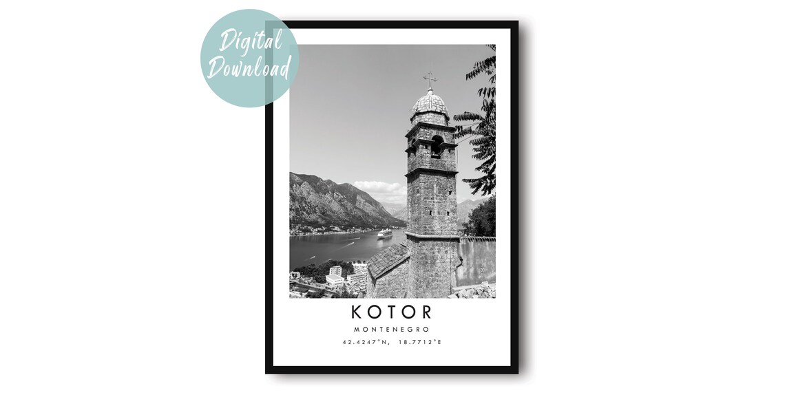 Kotor Montenegro Black And White Bell Tower Over The Bay Poster
