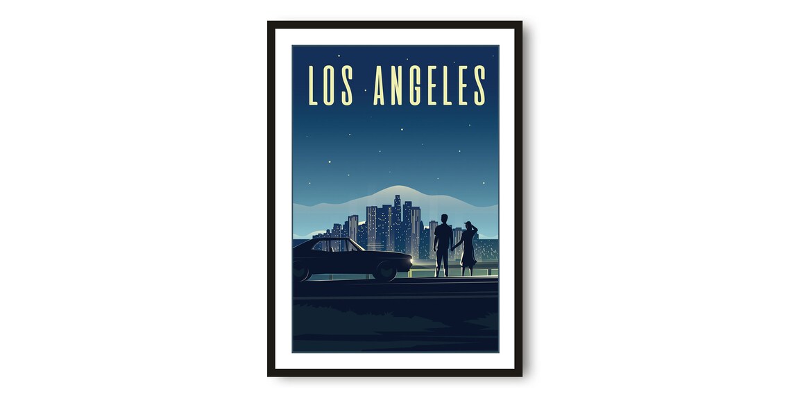 Los Angeles Night Skyline With Vintage Car Retro Travel Poster