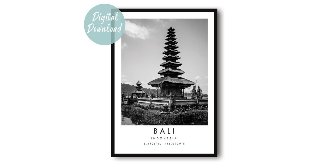 Bali Pagoda Temple Black and White Close Up Lakeside Travel Poster
