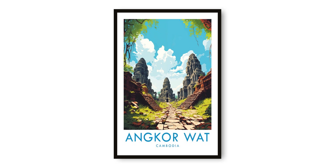 Angkor Wat Cambodia Ancient Stone Temples Illustrated Travel Poster