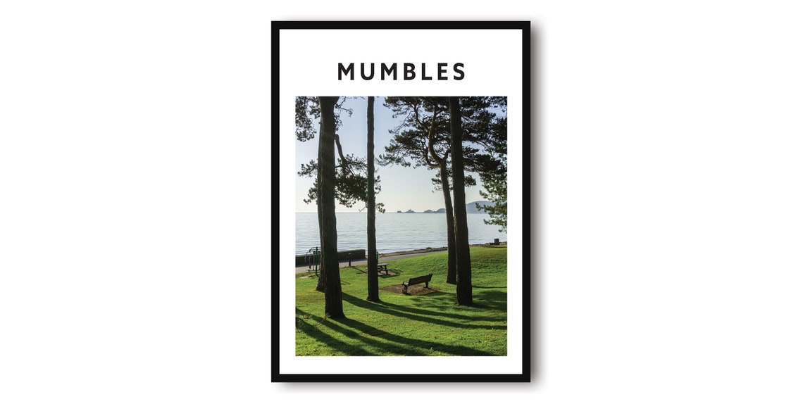 Mumbles Wales Poster with Pine Trees Overlooking the Sea Photo