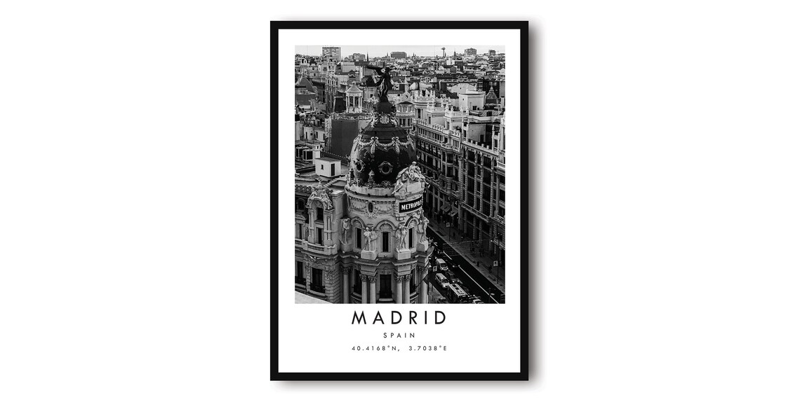 Madrid Black And White Cityscape Travel Poster
