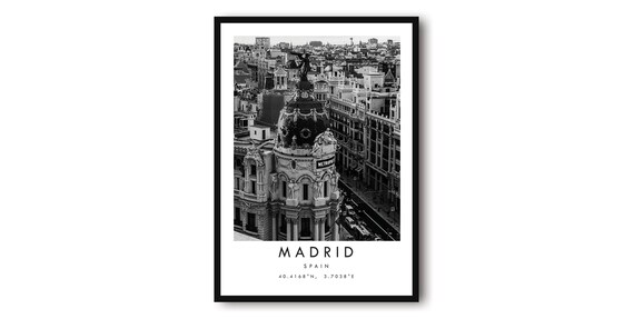 Madrid Black And White Cityscape Travel Poster