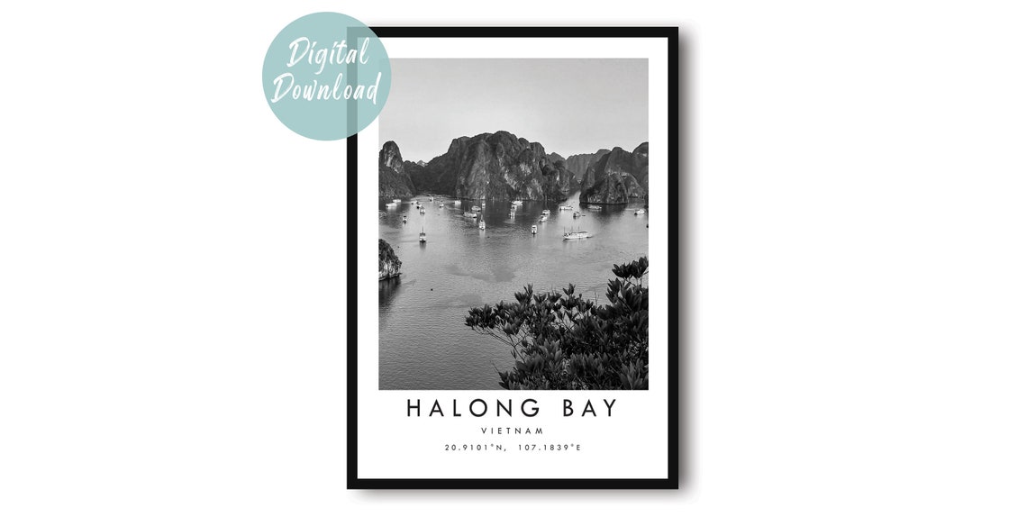 Halong Bay Vietnam Karst Cliffs Boats Monochrome Travel Poster