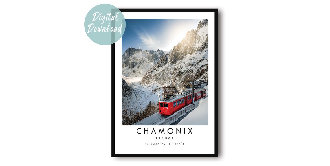 Chamonix Red Mountain Train Climbing Through Snow Alpine Photo Print