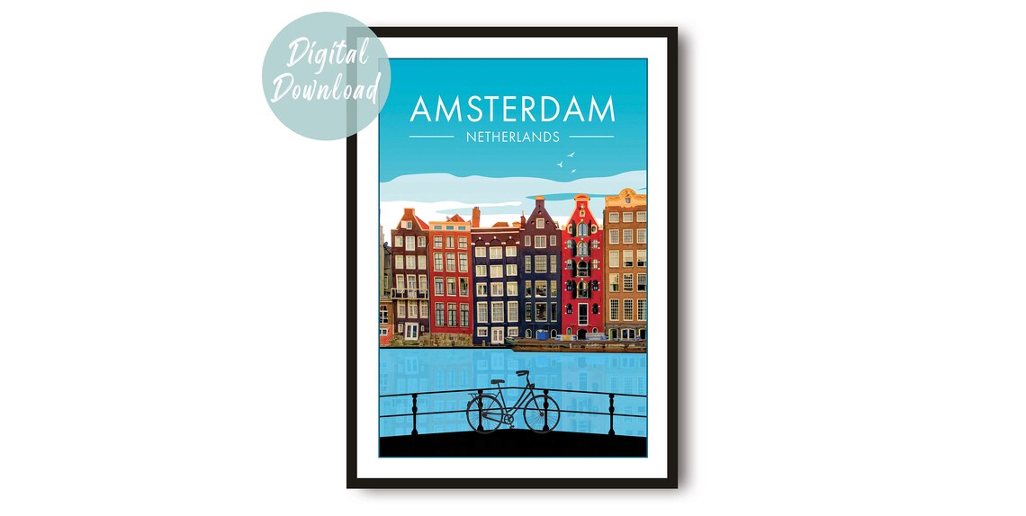 Amsterdam Canal Houses And Bicycle Bridge Colorful Retro Poster