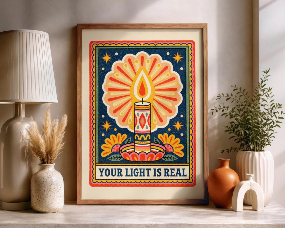 Your Light Is Real Candle Retro Folk Art Motivational Poster