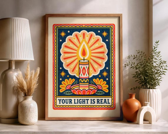 Colourful Candle Wall Art Print Inspirational Poster Your Light Is Real Quote Boho Floral Decor Dopamine Living Room