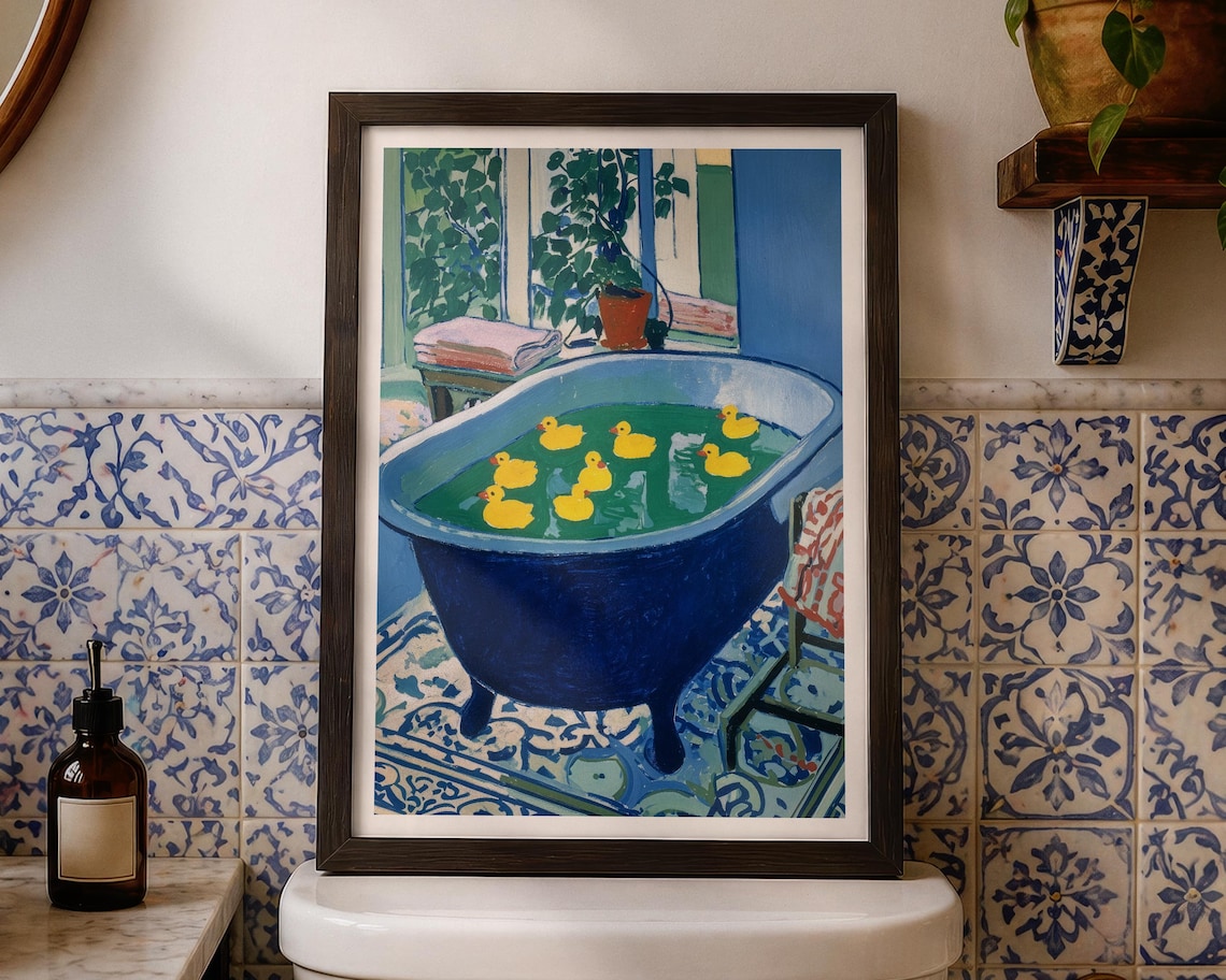 Rubber Ducks In Blue Bathtub Fun Kids Bathroom Splash Art Poster