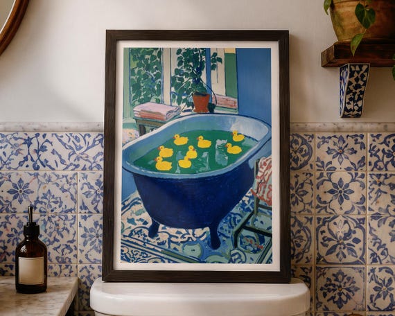 Henri Matisse Inspired Bathroom Wall Art Blue Bathtub Poster Rubber Duck Print