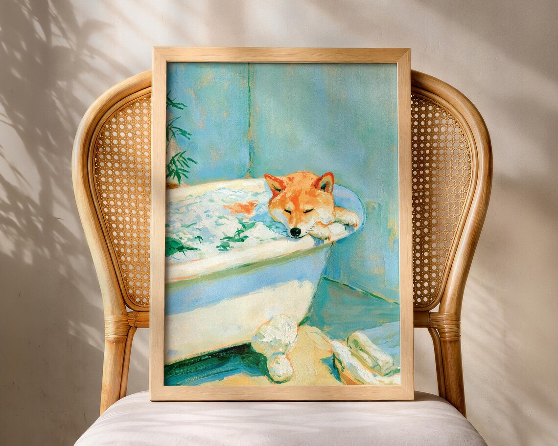 Shiba Inu Bathroom Art Print, Whimsical Dog Bath
