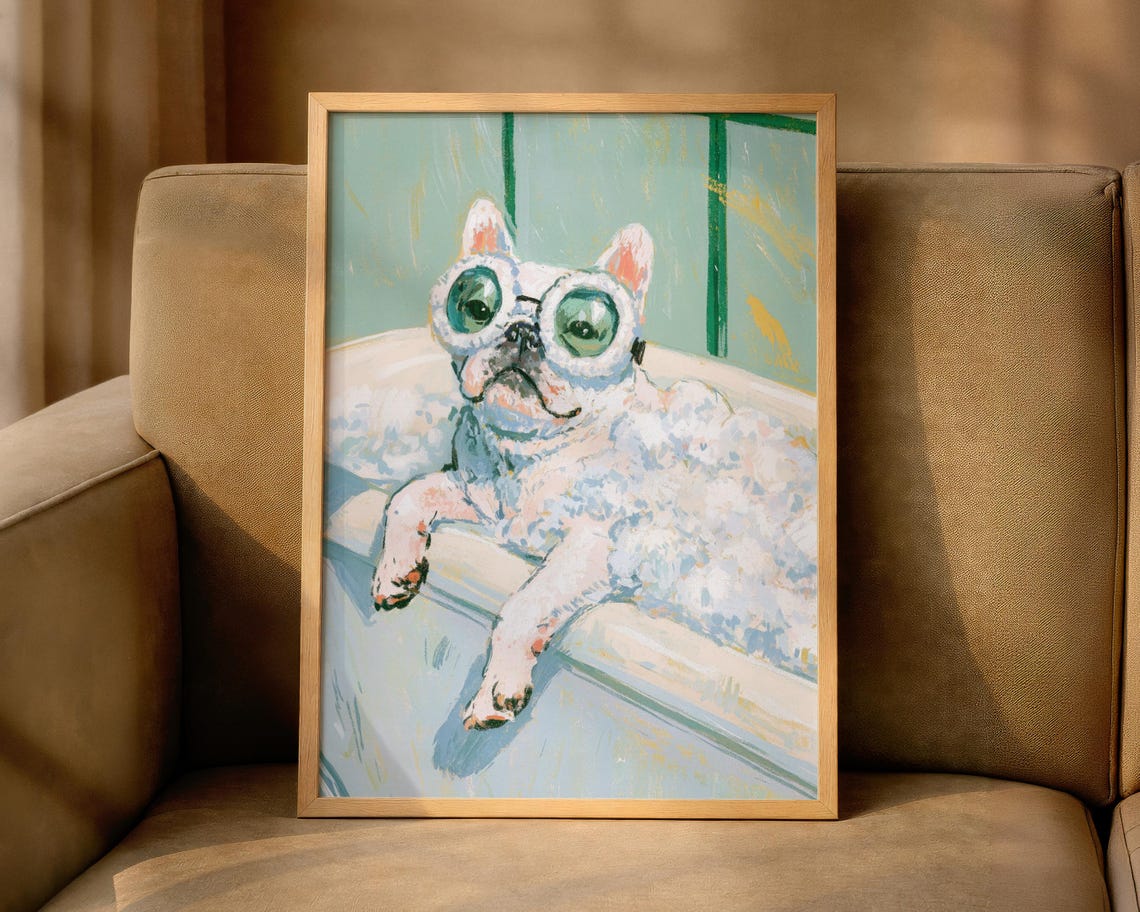 French Bulldog in Goggles Relaxing in a Bubble Bath Funny Dog Poster