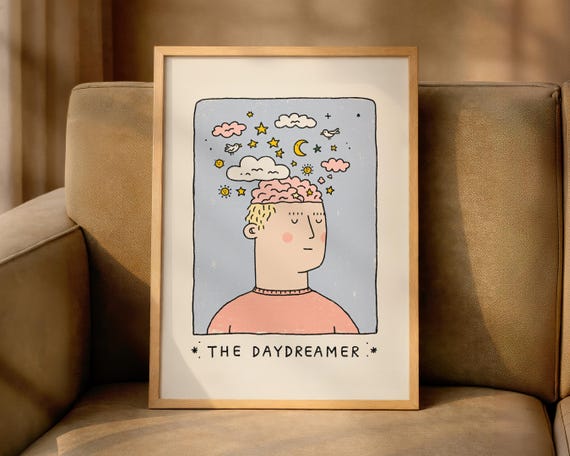 The Daydreamer Wall Art Print Whimsical Mental Health Illustration Dreamy Character Poster Pastel Nursery Decor