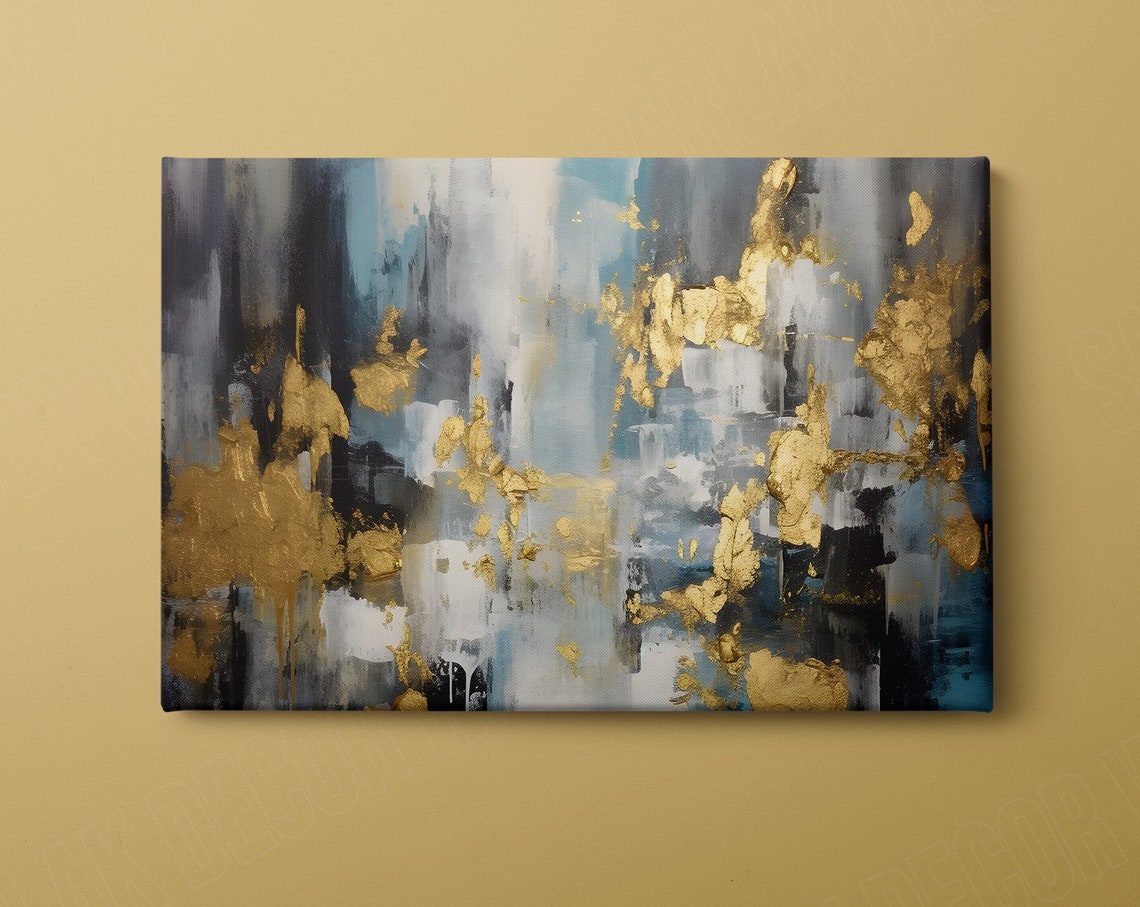 Turquoise Grey Gold Leaf Modern Abstract Painting Elegant Wall Art