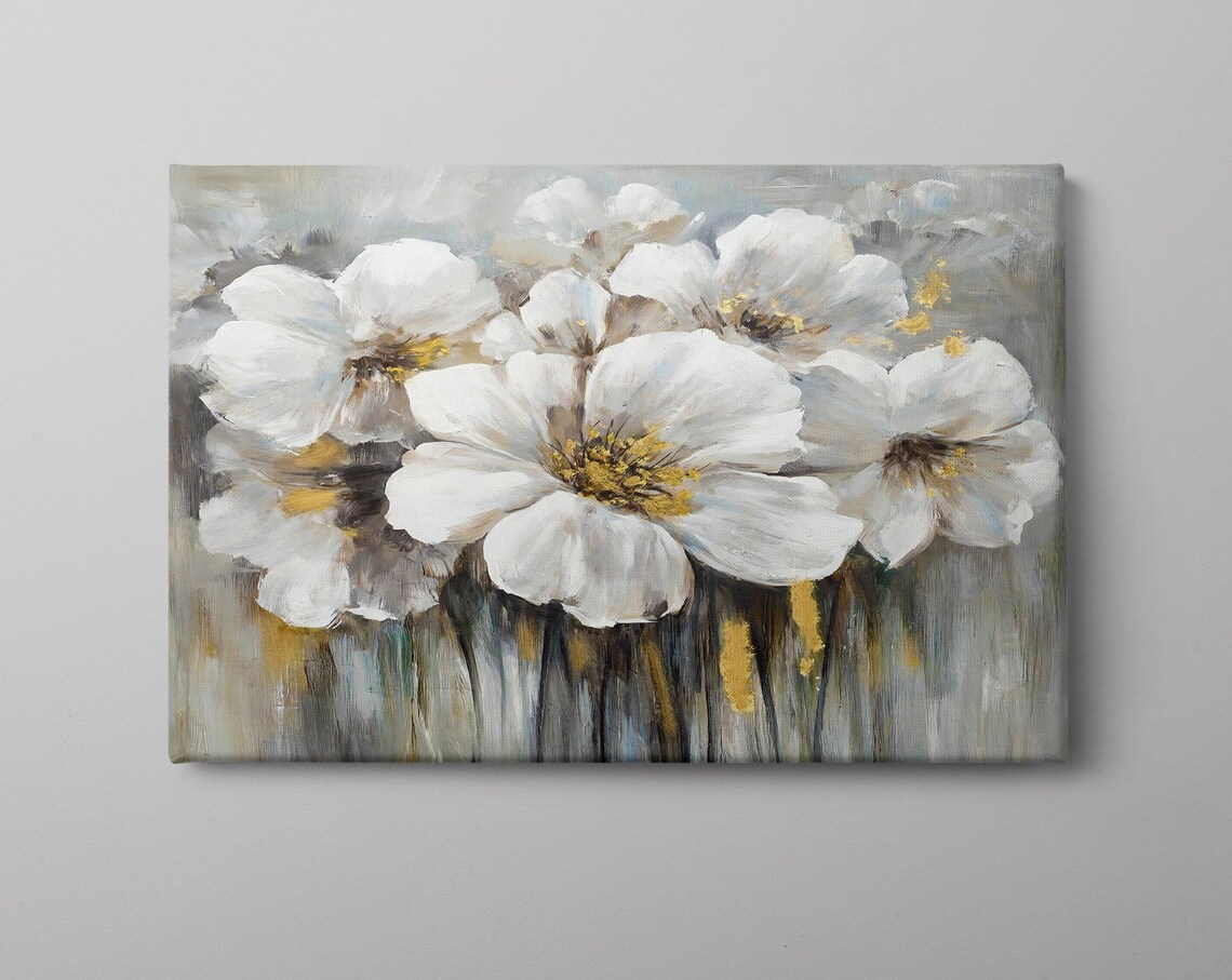 White Gold Blossoms Grey Abstract Soft Floral Painting Wall Art