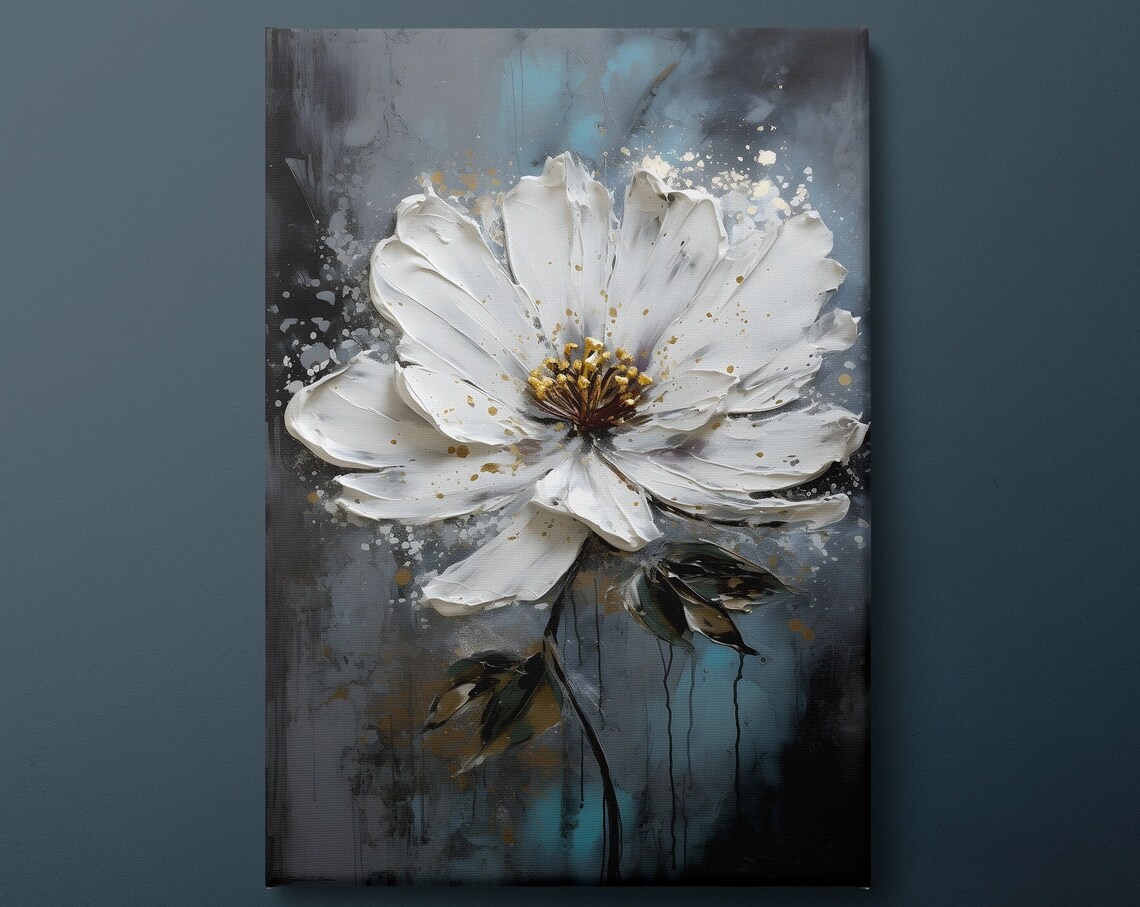 Giant White Cosmos Flower Gold Splatter Dark Blue Painting Wall Art